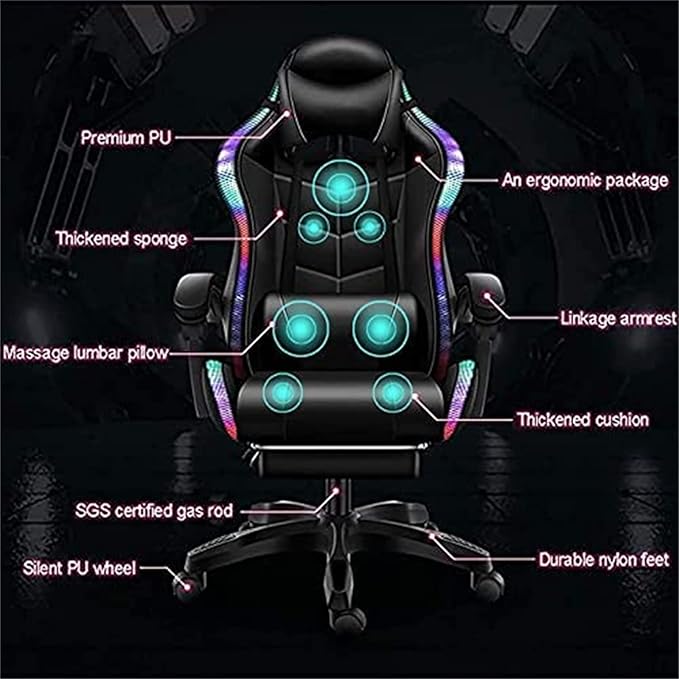 Video Gaming Chairs with LED Light Ergonomic Gaming Chair with Massage Lumbar Support and Bluetooth Speakers Computer Chair with Retractible Footrest and Backrest AdjustablePink