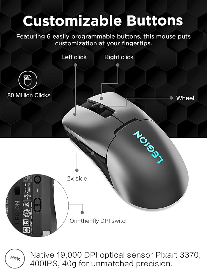 Lenovo Legion M600s RGB Wireless Gaming Mouse – 19000 DPI 6 Programmable Buttons 70 Hours Battery Life Tri-Mode Connectivity (2.4 GHz Bluetooth Wired) (Iron Grey)