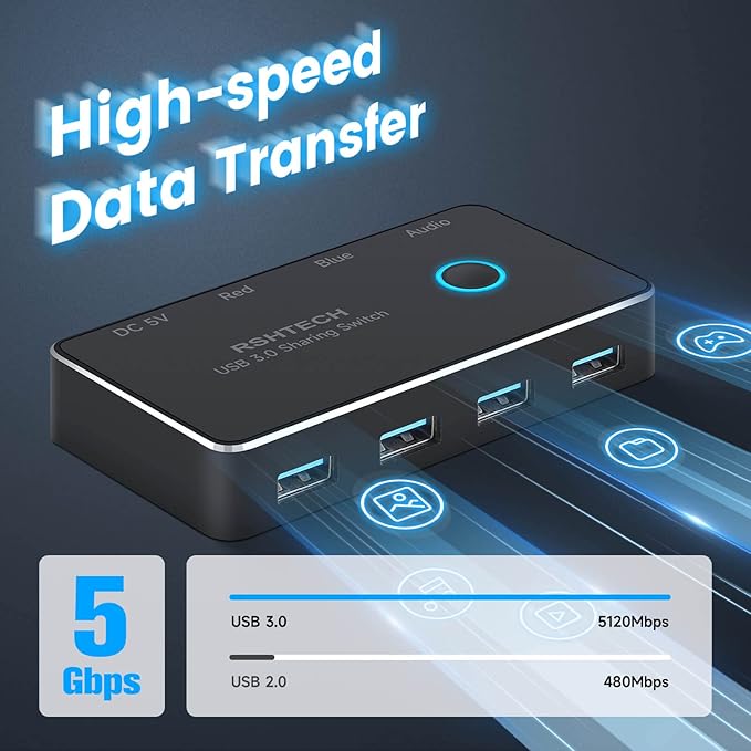 RSHTECH USB 3.0 Switch Selector Aluminum with 4 USB-3.0 Ports 3.5mm Audio Jack 2 Computers Sharing 5 Peripheral Devices USB KM Switcher hub with 2 USB Cable for Keyboard Mouse Printer