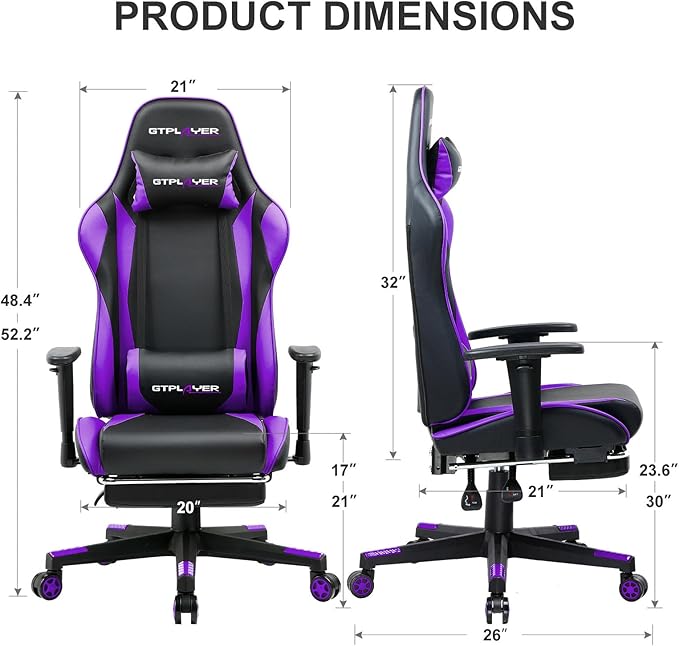 GTPLAYER Gaming Chair with Footrest Ergonomic Computer Game Desk Chair Reclining Game Chair Seat Height Adjustment Swivel Rocker with Headrest and Lumbar (Purple)