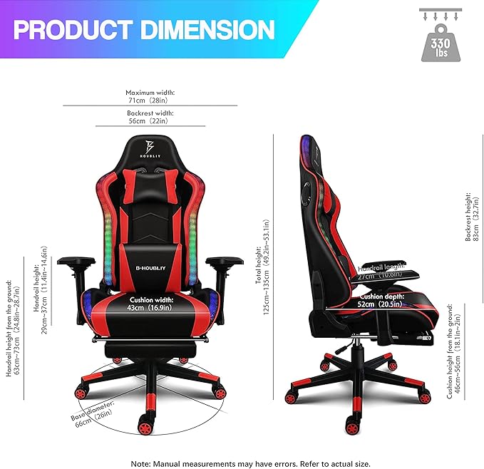 Gaming Chair with Bluetooth Speakers RGB Video Game Chairs with Full Massage PU Leather Ergonomic Pro Desk Chairs PC Racing Style Silla Gamer for Adults TeensRed