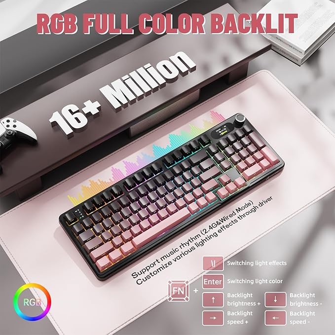MAMBASNAKE Attack Shark X98 Pro Wireless Mechanical Keyboard with Screen &amp Knob 2.4G/USB-C/BT5.0 Gasket Hot Swappable Creamy Keyboard102 Keys Web Driver RGB Gaming Keyboard for PC/Mac/PS4/Xbox