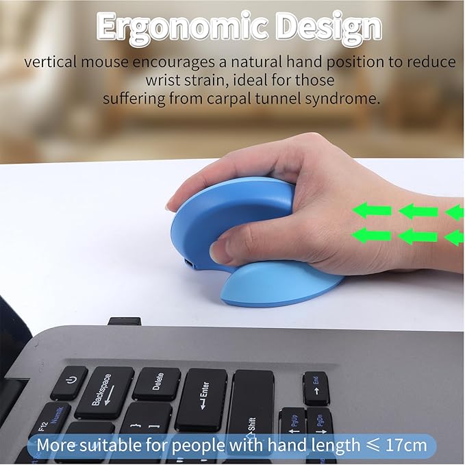 Mini Ergonomic Mouse for Small HandsDual-Mode Wireless Bluetooth Vertical Mouse - Rechargeable Silent Multi-Device Connection Ideal for Laptops and Desktops (Blue)