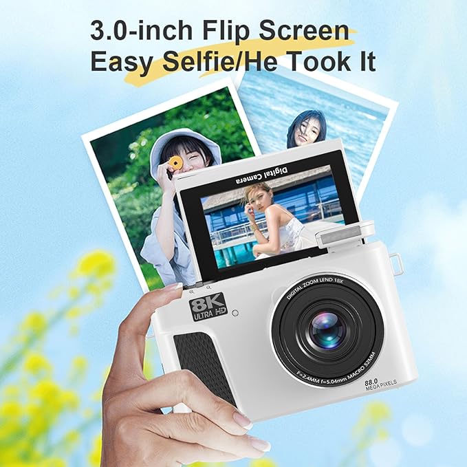 Zopsc 8K Digital Camera 88MP with WiFi 18X Zoom and 3in Flip Screen Autofocus Vlogging Camera with LED Fill Light Live Streaming Webcam for Travel (White)