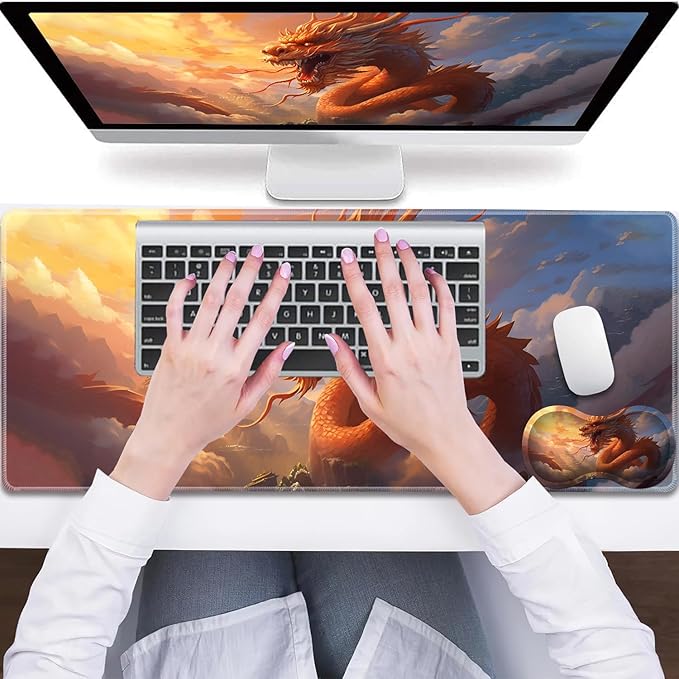Large Gaming Mouse Pad + Wrist Rest + Lace Coaster Non-Slip Set with Sewn Edges and Waterproof Expandable Desktop Pad Suitable for Office/Home Golden Dragon