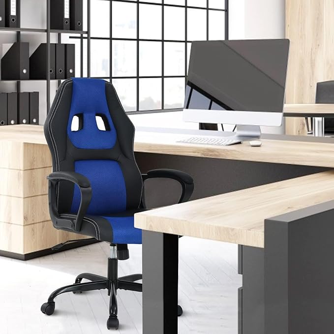 Executive PC Gaming Chair with Lumbar Support &amp Headrest - Ergonomic Leather Racer Task Chair for Home Office Gaming Room - Heavy Duty &amp Comfortable (Blue)