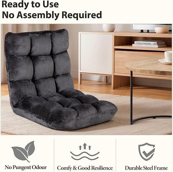 14-Position Adjustable Floor Gaming Chair Foldable Memory Foam Armless Sofa Seat Couch Recliner with Comfy Back Support for Working Meditation Reading Black