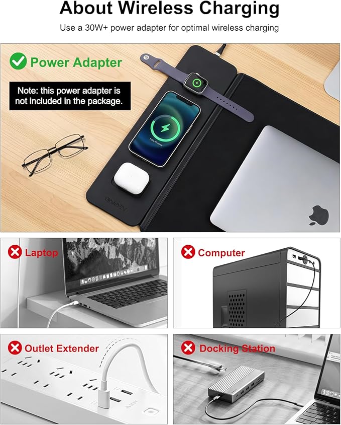 Wireless Charging Mouse Pad with 2nd Gen Tech 3-in-1 25W Fast Charger Replaceable Rubber &amp Microfiber Leather Desk Mat Large Waterproof Desk Pad for Office &amp Gaming(Leather Mat&amp Coaster