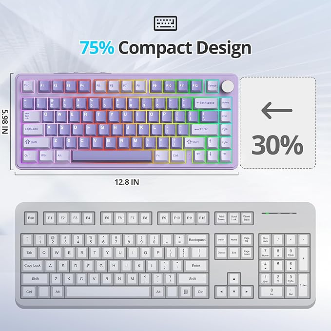 Fogruaden M75 Wireless Creamy 75% Mechanical Gaming Keyboard RGB Hot Swappable Custom Purple Gasket Pre-lubed Linear White Switches Bluetooth/2.4GHz/USB-C Five-Layer Pad&ampKnob