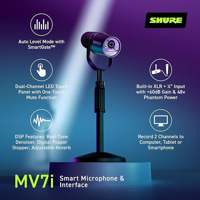 Shure MV7i Smart Microphone – USB-C &amp XLR Mic for Podcasting Music &amp Streaming with Built-in Audio Interface Auto Level Mode Advanced DSP All-Metal Design Black