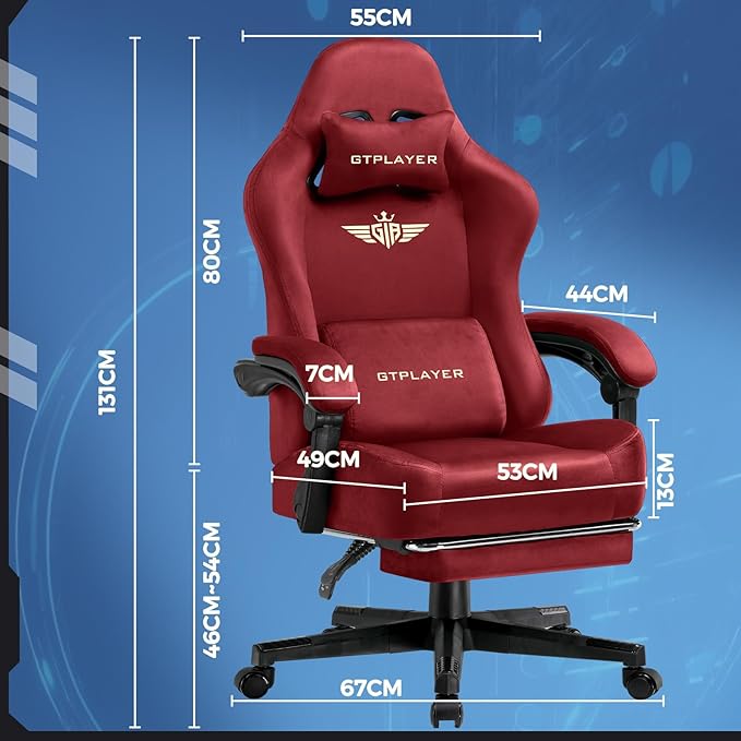 GTPLAYER Gaming Chair Fabric with Pocket Spring Cushion Big and Tall Gamings Chairs 350LBS High Back Computer Chair with Footrest for Adults Lumbar Support Swivel Game Chair for Office Gaming Red