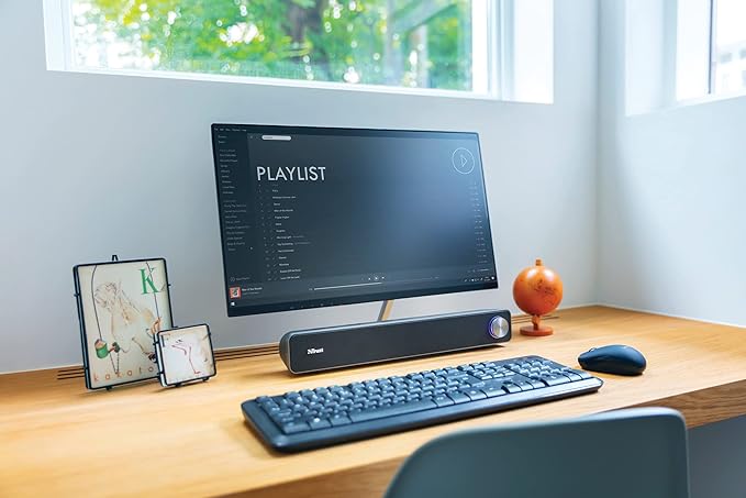 Trust Arys PC Soundbar Speaker for Computer and Laptop 12 W USB Sound System Metal Grill Illuminated Volume Control Speaker Bar for PC Laptop Mac - Black