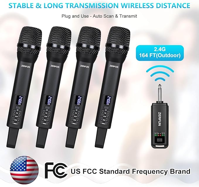 Rechargeable Wireless Microphones 4 Pro Handheld Cordless Mics System Dynamic with Echo Treble BASS VOL Control for Karaoke Singing Church Party 1/4'' Output D240 Black