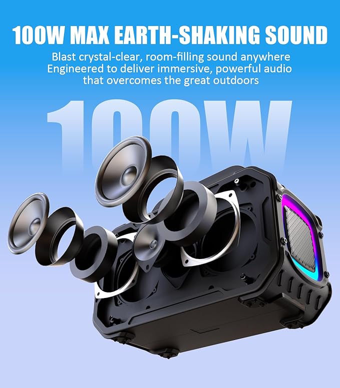 Energizer 100W Portable Wireless Bluetooth Speaker | 24-Hour Playtime | IPX6 Waterproof | Outdoor Ready | LED Light Show | TWS Pairing | Perfect for Outdoor Party Beach Camping Travel Garage