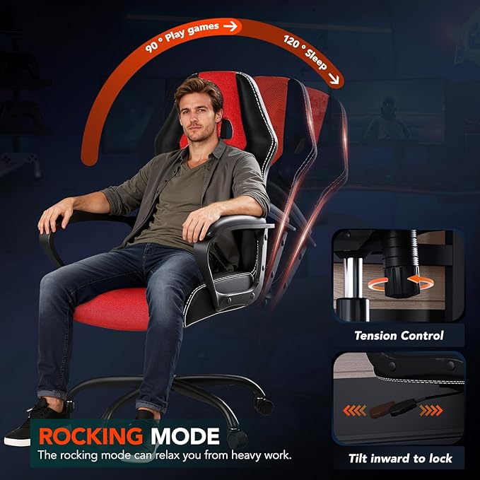 BestOffice Gaming Chair with Massage Ergonomic Office Desk Chair Adjustable Lumbar Support &amp HeadrestComputer Task Chair 360° Swivel for Adults (Red)