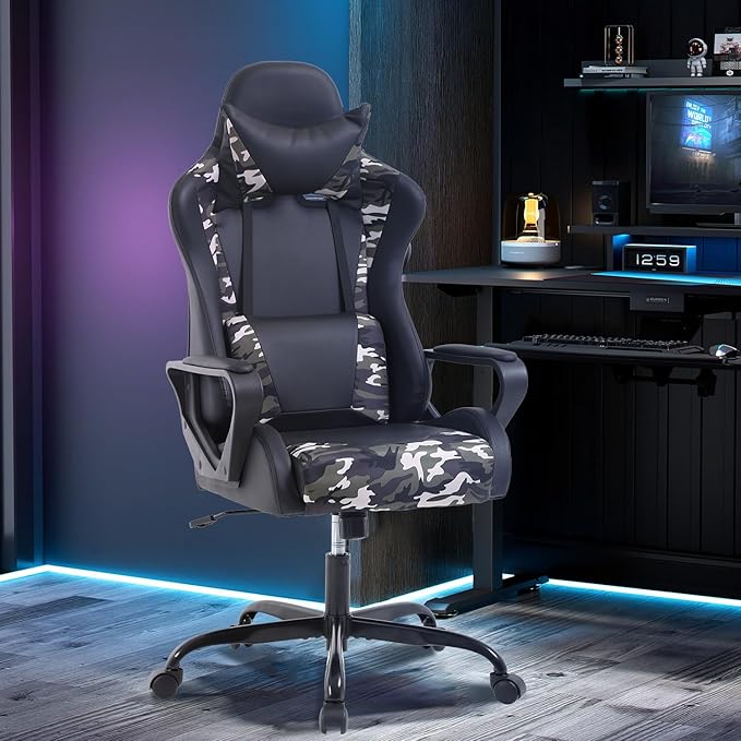 Gaming Chair High-Back Office Chair Ergonomic Video Game Chairs Height Adjustable Reclining Computer Chair with Lumbar Support Armrest Headrest Swivel Chair Game Chair for Adult Teen - Camo