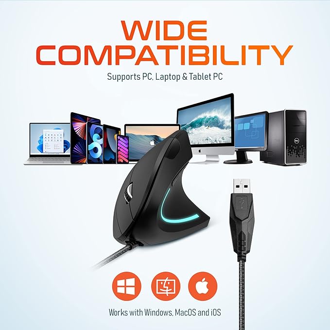 Delton S12 Ergonomic Vertical Wired Mouse 6 Buttons 3 Adjustable DPI Levels (800/1200/1600) &amp 3D Scroll Wheel Compatible for PC Laptop Mac Chromebook - Black