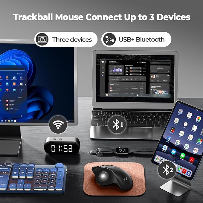 seenda Wireless Trackball Mouse Bluetooth - Ergonomic Rollerball Mouse Rechargeable 3 Device Connection Optical Mice Adjustable DPI Thumb Control Mice Compatible for Mac/Android/Windows-Black