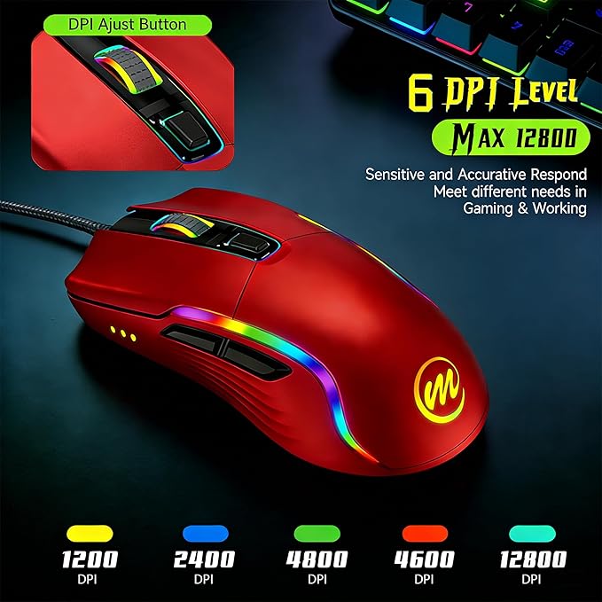 memzuoix Wired Gaming Mouse with RGB - 6 Adjustable DPI up to 12800 6 Buttons 12 Lighting Modes Ergonomic Design with Anti-Slip Rubber Wheel 5.6ft Braided Cable for PC/Mac/Windows - Red