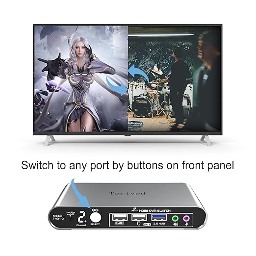 2 Port HDMI USB 3.0 KVM Switch with Aluminum Alloy Shell and Digital DisplayAudio/Microphone 4K@60HzhotkeyAuto EDID HDR10 with Cables
