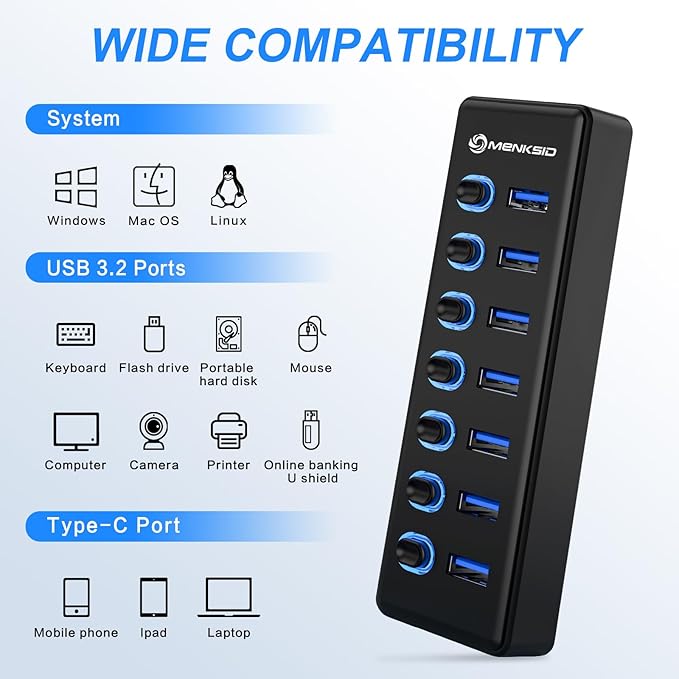 7-Port USB 3.2 Hub Data USB Hub Splitter with Individual On/Off Switches and Lights Compatible with Laptop PC MacBook Mac Pro Mac mini iMac Surface Pro and More