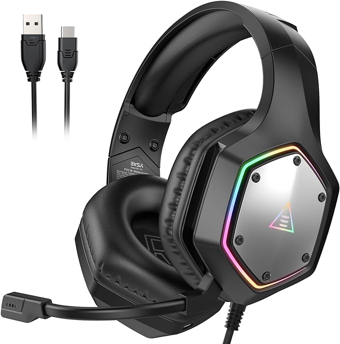 EKSA E1000 V2 Gaming Headset PC Headset with USB C Plug Wired Headphones with Noise Canceling Microphone 7.1 Surround Sound RGB Light include USB Adapter for ComputerMac PS4/PS5 Console Laptop