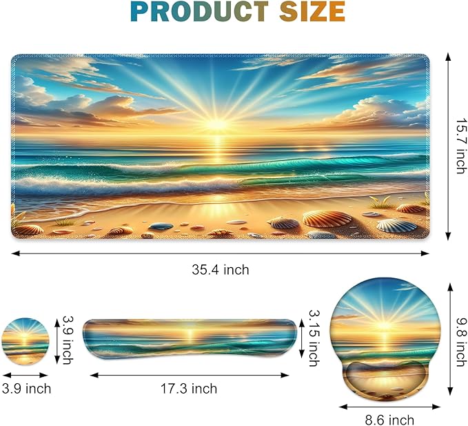 Gaming Mouse Pad Large Desk Mat Cute Desk Pad Protector 4in1 XXL Mousepad + Keyboard Wrist Rest+Mouse Wrist Rest+Coaster Set with Ergonomic Desk Pad for Home Office Computer Beach Sun Shell