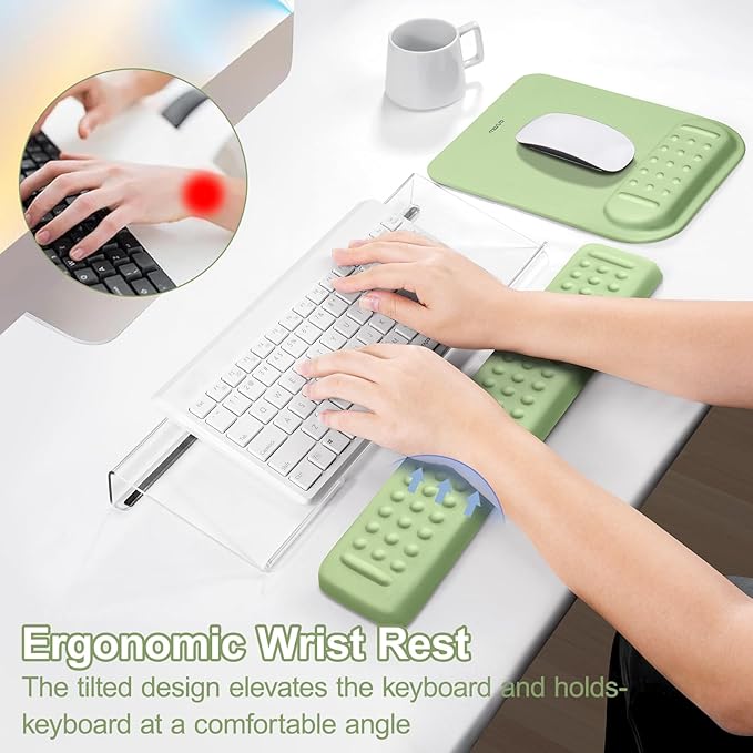 MOSISO Computer Keyboard Stand&ampWrist Rest Support for Keyboard &ampMouse Pad Set Ergonomic Massage Wrist Rest Set Easy Typing Working Acrylic Clear Stand for Office Home Sage Green