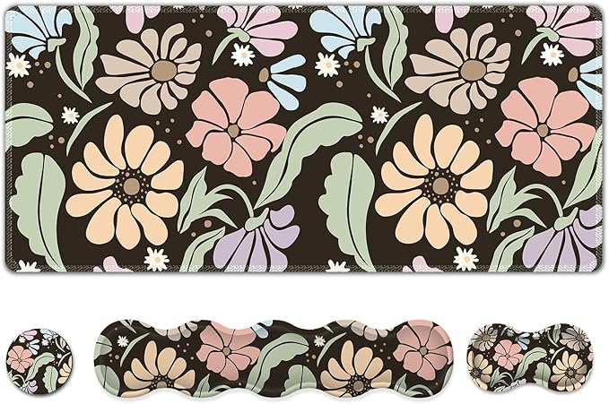 ARTSO Keyboard Wrist Rest Large Mouse Pad Wrist SupportBlack Floral 4in1 Keyboard Pad Desk MatErgonomic Memory Foam Wrist Support Cushion for Home Office