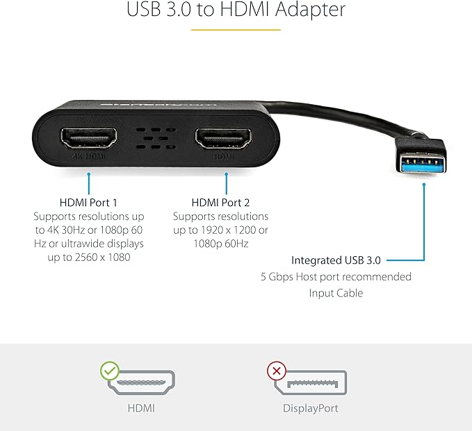StarTech USB-A 3.0 to Dual HDMI Adapter for Windows Dual Monitor USB to 2x HDMI Display Converter 4K 30Hz + 1080p 60Hz Extend or Mirror Multi-Screen Setup