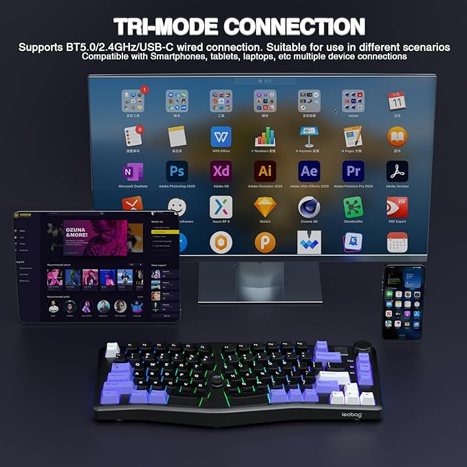 x LEOBOG A75 Alice Ergonomic Keyboard Wireless Mechanical Gaming Keyboard Tri-Mode BT5.0/2.4G/Wired with Joystick and Knob 75% Layout RGB Backlit Hot Swappable Linear Switches for Win