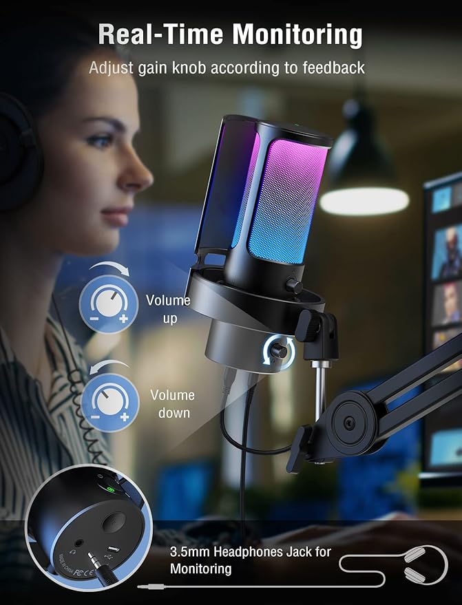 FIFINE Gaming USB Microphone PC Computer Mic with 4 Polar Patterns for Podcast Streaming Recording YouTube RGB Condenser Desktop Mic for Windows Mac with Headphone Jack-AmpliGame A8 Plus