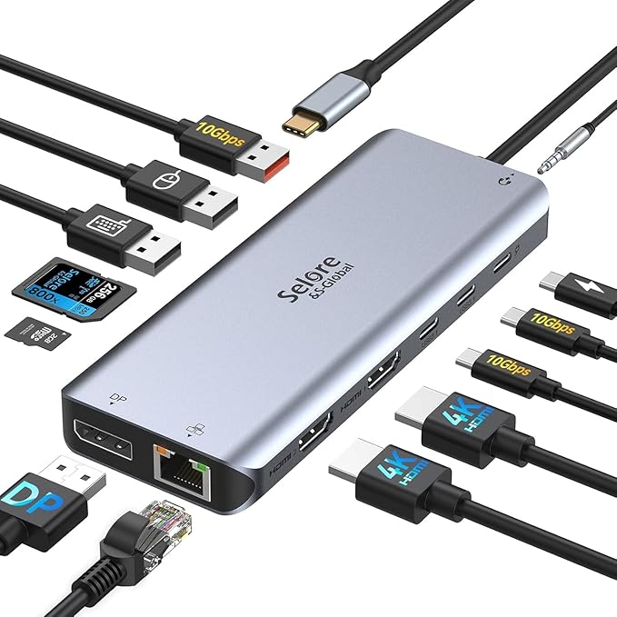 USB C Docking Station Dual Monitor Selore 13-in-1 Triple Monitor with Dual HDMI DP 100W PD Gigabit Ethernet 10Gbps USB A/C Ports -Laptop Docking Stations for Dell HP Lenovo MacBook