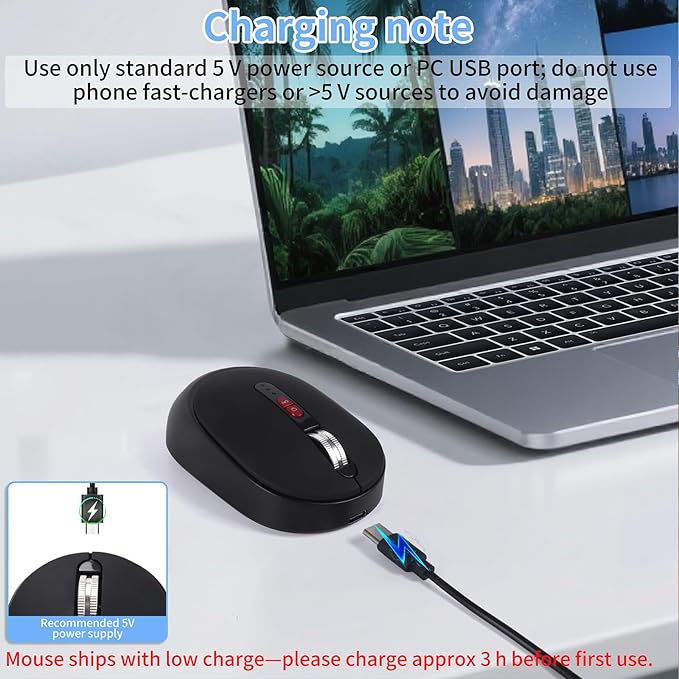 Dual Mode Wireless Bluetooth Mouse - USB-C &amp USB-A Receiver Rechargeable Silent Click for Laptop Tablet PC - Perfect for Students &amp Professionals Travel-Friendly (Black)