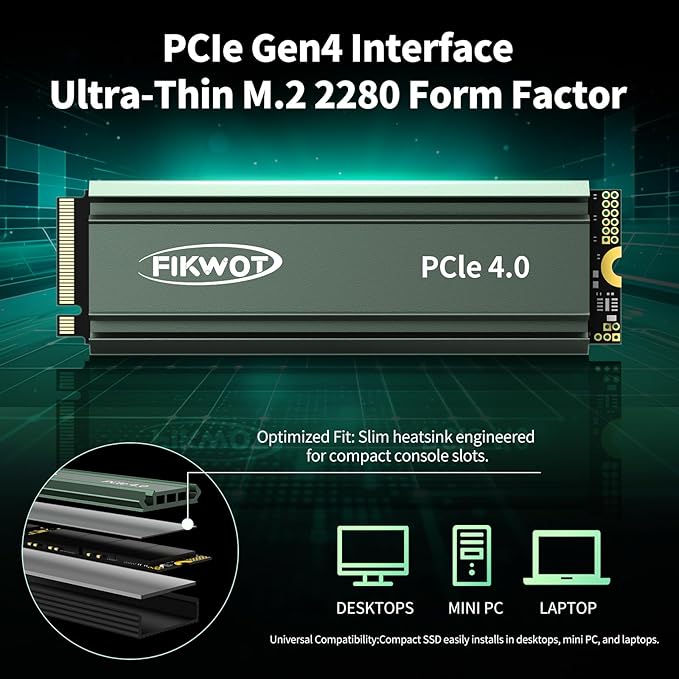 FN960 1TB M.2 NVMe SSD PCIe Gen4 x4 2280 Internal Solid State Drive with Heatsink Up to 5000MB/s Dynamic SLC Cache Compatible with PS5 Internal SSD