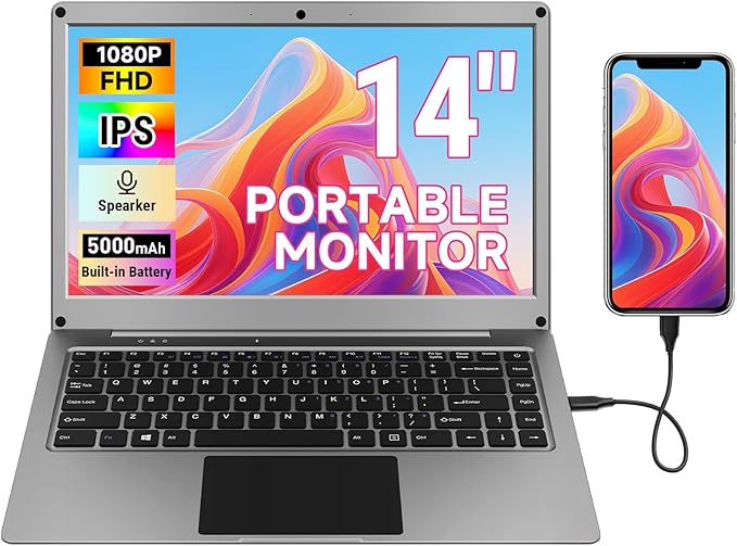 Portable Monitor with Keyboard14inch 1080P FHD Lapdock Compatible with Mini PC/Phone/PC/Game ConsoleCrowView Note with RPi5 &amp Jetson Adapters(Full Feature TypeC &amp HDMI Cable Included)