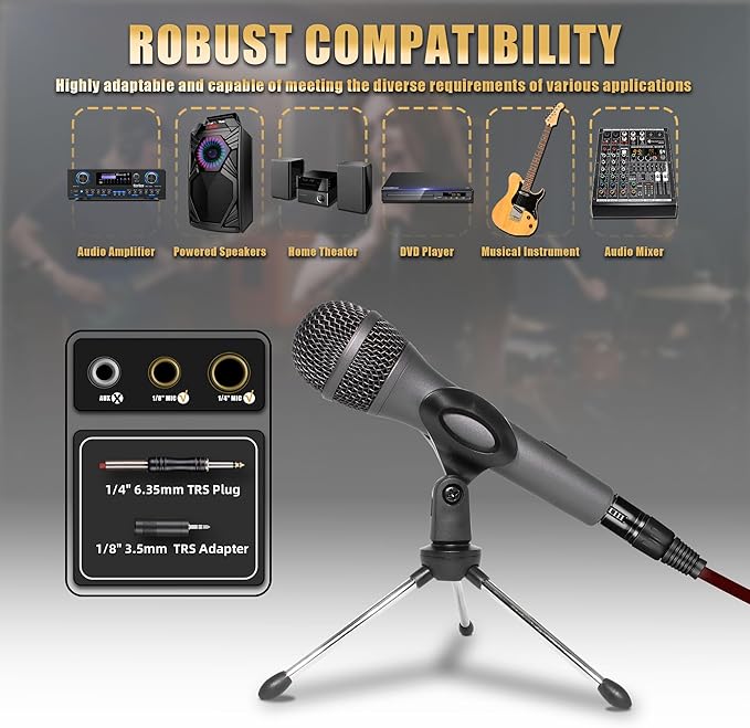 Professional Dynamic Microphone for Singing Karaoke Microphone with 16ft XLR to 1/4'' Audio Cable Vocal Handheld Mic for Podcast Mixer Amplifier PA System