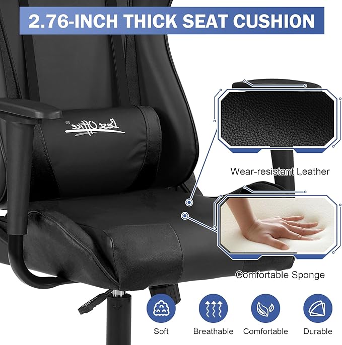 BLKMTY Gaming Chair Office Chairs High Back Computer Leather Desk Chair Racing Executive Ergonomic Adjustable Swivel Task Chairs with Headrest and Lumbar Support Black