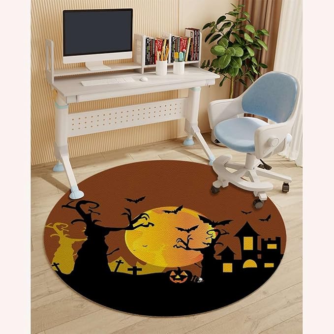 Orange Black PU Leather Chair Mat for Hard Floors Spooky Carved Halloween Floor Mats Wood/Tile Protection Mat for Office &amp Home Halloween Diameter 39.4 in