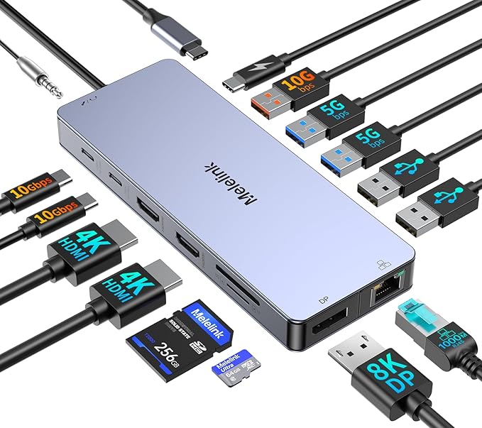 USB C Laptop Docking Station Dual Monitor for Dell/Lenovo/HP 15 in 1 USB C Hub Multiport Adapter Dongle Dock USB-C to 2 HDMI 4K@60Hz 8K DisplayPort 2 USB-C 10Gbps 5 USB-A 100W PD Ethernet SD/TF