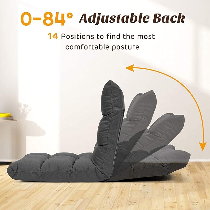 Giantex Adjustable Floor Gaming Sofa Chair 14-Position Cushioned Folding Lazy Recliner High Resilience Sponge Breathable Cotton &amp Linen Fabric Sleeper Bed Couch Recliner with Removable Cover (Gra
