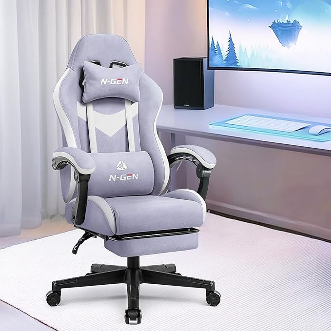 N-GEN GAMING Video Gaming Chair Office Computer Desk Use Ergonomic Reclining Backrest Adjustable Armrests Lumbar Support Footrest High Density Foam Breathable Fabric Heavy Duty Base (Purple)