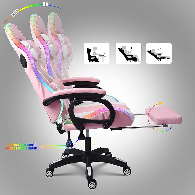 Ergonomic Gaming Chair with Footrest and Lumbar Support Video Gaming Chair with Speaker and LED Light Gaming Chair with Full Massage Function 90°-135° Tilting Computer Chair.Pink