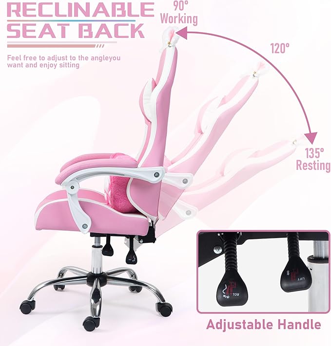 ALEAVIC Pink Gaming Chair with Cat Paw Lumbar Cushion and Cat Ears Reclining PC Game Computer Chairs Ergonomic Gamer Chair for Kids Girls Teens