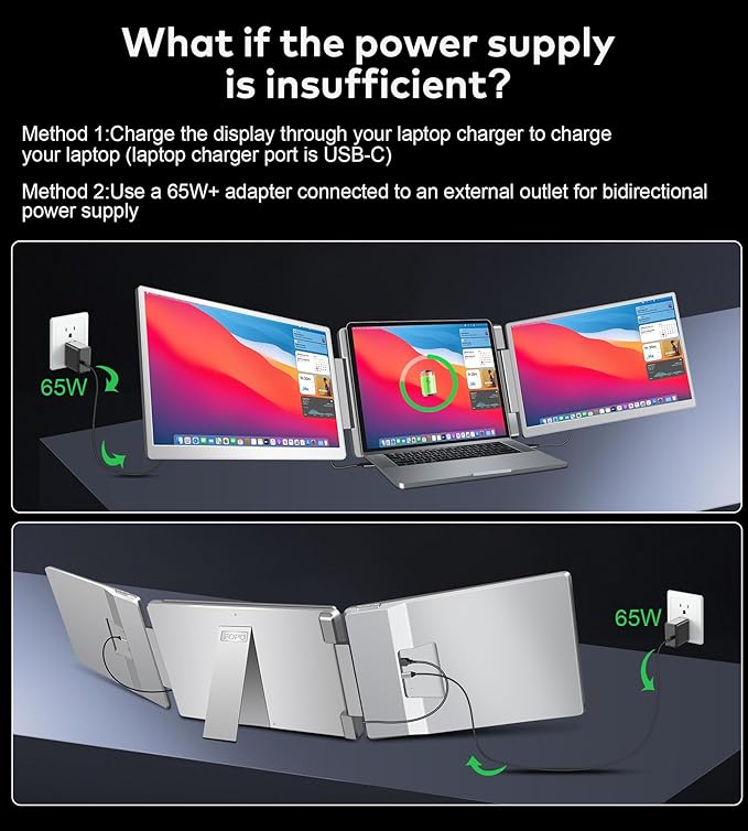 FOPO Laptop Screen Extender 16- 1200P 16:10 FHD Triple Monitor for 12~18.5 Portable Monitor for Laptop with HDMI and USB-C Connectivity for MacBooks(NOT M1 M2 M3)/Wins Chrome Surface