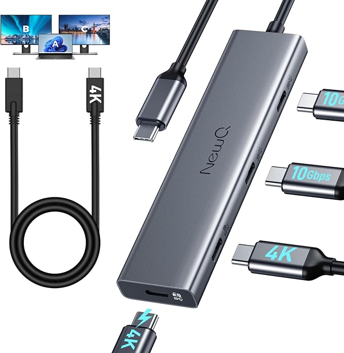 USB C Video Splitter for USBC PD Monitor Portable Screen Type C Monitors 4-Port USB-C 3.2 Gen 2 10Gbps Hub DP Alt 4K@30-60Hz 100W PD for Win/Chrome Laptop AR Glasses Game Console