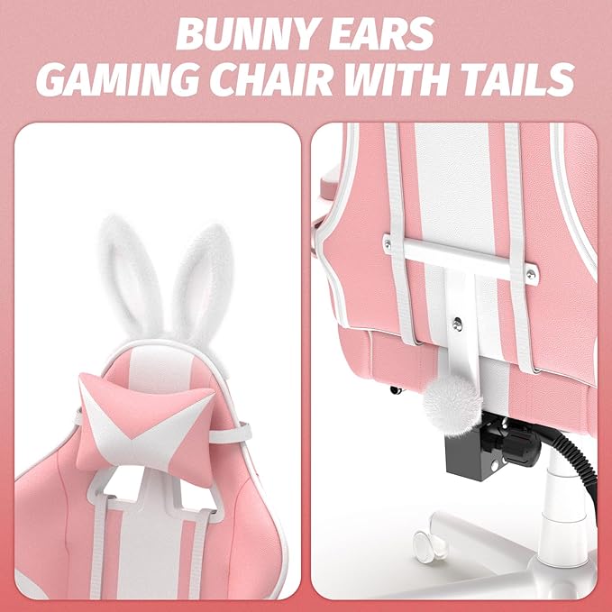 Ferghana Kawaii Pink Gaming Chair with Bunny Ears Ergonomic Cute Gamer Chair with Footrest and Massage Racing Reclining Home Computer Game Chair for Girls Adults Teens Kids