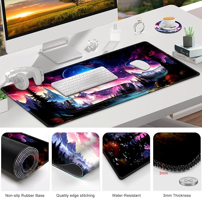Gaming Mouse Pad Large Desk Mat Cute Desk Pad Protector 4in1 XXL Mousepad + Keyboard Wrist Rest+Mouse Wrist Rest+Coaster Set with Ergonomic Desk Pad for Home Office Table Computer Purple Hill