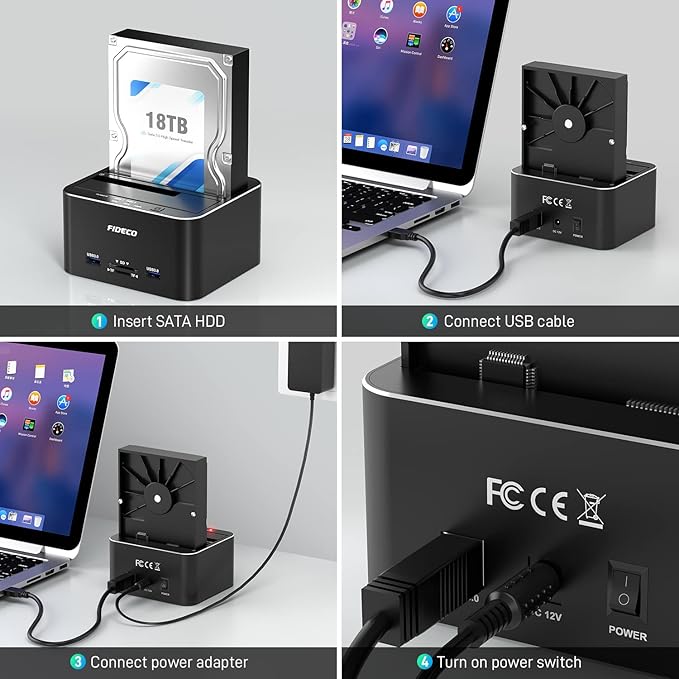FIDECO Hard Drive Docking Station USB 3.0 Aluminum Hard Drive Docking Stations 2.5/3.5 SATA HDD SSD TF Card Reader and SD Card Reader Offline Clone Support