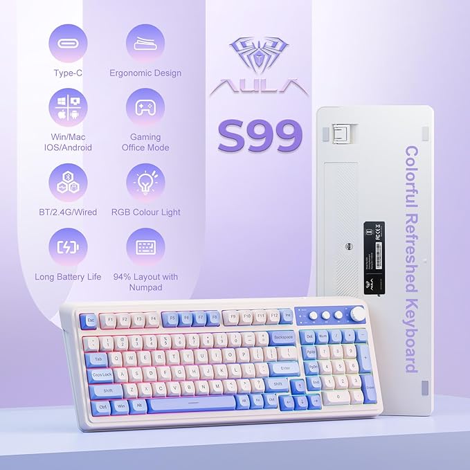 AULA 99 Key Keyboard Tri-Mode Bluetooth/2.4GHz/USB-C Cute Creamy Gaming Keyboard with Number Pad RGB Backlit Media Knob Custom Mechanical Feel Computer Keyboards for MAC Xbox PC Gamer - Purple
